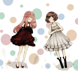 2girls boots brown_hair closed_eyes dress elbow_gloves female_focus flower gloves hair_flower hair_ornament just_be_friends_(vocaloid) knee_boots long_hair megurine_luka meiko_(vocaloid) multiple_girls pink_hair red_dress short_hair sleeping spotted vocaloid white_dress