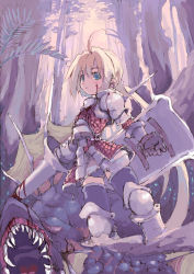 Rule 34 | 1girl, ahoge, armor, armored dress, blonde hair, blood, blue eyes, fantasy, lance, long hair, monster, outdoors, polearm, shibano kaito, shield, solo, tree, very long hair, weapon