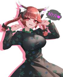 Rule 34 | 1girl, absurdres, animal ear fluff, animal ears, artistic error, black dress, bow, braid, breasts, cat ears, dress, fang, fingers to cheeks, hair bow, highres, kaenbyou rin, large breasts, long sleeves, looking at viewer, pointy ears, red eyes, red hair, simple background, slit pupils, smile, solo, speech bubble, sugar you, touhou, twin braids, white background