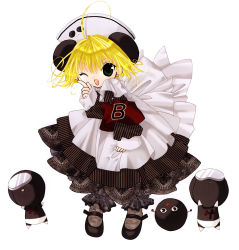 Rule 34 | 1girl, bow, bowtie, di gi charat, dress, full body, hat, koge donbo, layered dress, long sleeves, looking at viewer, mary janes, nazo gema, piyoko, red bow, red bowtie, shoes, simple background, solo, standing, white background, white dress