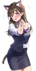 Rule 34 | 1girl, amagi shino, animal ears, artist name, blush, brown hair, business suit, cat ears, cat tail, commentary request, embarrassed, formal, hairband, highres, long hair, long sleeves, looking at viewer, office lady, original, purple eyes, receptionist girl (amagi shino), signature, simple background, skirt, solo, suit, tail, translation request, white background