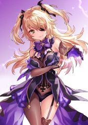Rule 34 | 1girl, bare shoulders, black thighhighs, blonde hair, blush, bodystocking, bow, breasts, bridal gauntlets, dress, eyepatch, fischl (genshin impact), garter straps, genshin impact, gloves, green eyes, hair ornament, hair over one eye, hair ribbon, highres, long hair, looking at viewer, outstretched arm, ribbon, single thighhigh, small breasts, smile, solo, thighhighs, two side up, wind, yuzuki karu