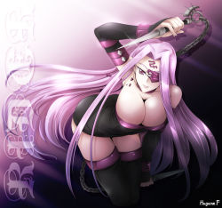 Rule 34 | 1girl, :p, arm up, artist name, black dress, breasts, chain, cleavage, dagger, downblouse, dress, eyepatch, fate/stay night, fate (series), haganef, huge breasts, knife, large breasts, leaning forward, legs, long hair, medusa (fate), medusa (rider) (fate), nameless dagger (fate), purple eyes, purple hair, solo, strapless, strapless dress, thighhighs, thighs, tongue, tongue out, very long hair, weapon