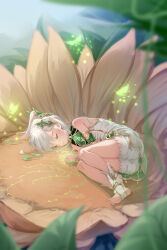 Rule 34 | 1girl, absurdres, artist request, ass, bare shoulders, bloomers, blush, closed eyes, dress, genshin impact, gradient hair, green hair, hair ornament, highres, long hair, lying, multicolored hair, nahida (genshin impact), on side, pointy ears, short dress, side ponytail, sleeping, smile, solo, underwear, white hair