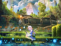 Rule 34 | 1girl, absurdres, bare legs, black footwear, blue sky, chichen itza, cloud, cloudy sky, commentary, day, grass, highres, honkai: star rail, honkai (series), long sleeves, looking at viewer, march 7th (honkai: star rail), medium hair, mexico, on floor, open mouth, outdoors, scenery, shuu illust, sky, solo, train, tree, v, white sleeves