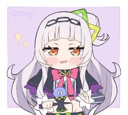 Rule 34 | 1girl, black capelet, blunt bangs, blush stickers, bow, bowtie, capelet, chibi, commentary, cone hair bun, english commentary, grey shirt, hair bun, hair ornament, hairband, hololive, kendama, kukie-nyan, long hair, long sleeves, looking at viewer, murasaki shion, murasaki shion (1st costume), pink bow, pink bowtie, purple capelet, shirt, short eyebrows, side bun, sidelocks, silver hair, single side bun, smile, smirk, smug, solo, striped clothes, striped shirt, twitter username, vertical-striped clothes, vertical-striped shirt, virtual youtuber, yellow eyes
