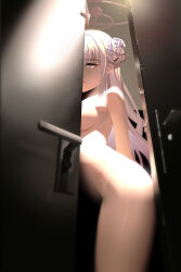 Rule 34 | 1girl, absurdres, blue archive, breasts, closed mouth, completely nude, darkness, door, doorway, flower, from below, hair bun, hair flower, hair ornament, hair ribbon, halo, heart, heart in eye, highres, hunxuemeilin, indoors, large breasts, long hair, looking at viewer, mika (blue archive), nude, open door, pink hair, pink halo, purple flower, ribbon, single side bun, smile, solo, standing, symbol in eye, thighs, white ribbon, yellow eyes