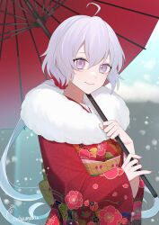 Rule 34 | 1girl, closed mouth, cowlick, floral print, floral print kimono, fur-trimmed kimono, fur trim, highres, holding, holding umbrella, japanese clothes, kimono, light smile, long hair, long sleeves, looking at viewer, low twintails, oil-paper umbrella, purple eyes, purple hair, senki zesshou symphogear, signature, solo, tebamaru, twintails, umbrella, upper body, yukine chris