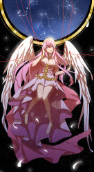 Rule 34 | 1girl, absurdres, amulet, angel wings, bare legs, blue eyes, blush, bracelet, breasts, cable, commentary, constellation, dress, gemini (constellation), hand on headphones, headphones, highres, hoshikuzu utopia (vocaloid), jewelry, knees together feet apart, large breasts, long hair, megurine luka, night, pink hair, sagittarius (constellation), scorpius (constellation), sky, slippers, smile, solo, star (sky), star (symbol), starry sky, very long hair, vocaloid, wings, zi roland