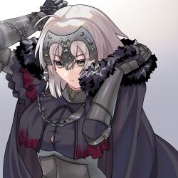 Rule 34 | 1girl, akio (akio1124), armor, armored dress, black dress, breasts, chain, collar, dress, fate/grand order, fate (series), gauntlets, grey hair, headpiece, highres, jeanne d&#039;arc alter (avenger) (fate), jeanne d&#039;arc alter (fate), large breasts, looking at viewer, metal collar, short hair, solo, yellow eyes