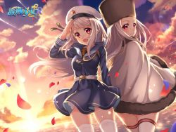 Rule 34 | 2girls, aiguillette, anchor, belt, beret, black hat, blush, breasts, cape, changchun (warship girls r), closed mouth, cloud, cloudy sky, copyright name, dress, dual persona, dutch angle, fur trim, hasu (velicia), hat, lens flare, long hair, long sleeves, looking at viewer, looking back, multiple girls, ocean, official art, open mouth, outdoors, petals, pleated dress, red eyes, remodel (warship girls r), reshitelny (warship girls r), russian clothes, sailor collar, sailor dress, salute, sky, smile, standing, text focus, thighhighs, warship girls r, water, watermark, white cape, white hair, white hat, white legwear
