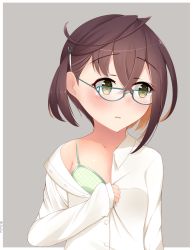Rule 34 | 10s, 1girl, alternate costume, blue-framed eyewear, blush, brown hair, collarbone, commentary request, cowboy shot, glasses, green eyes, hair ornament, hairclip, highres, kantai collection, long sleeves, multicolored hair, okinami (kancolle), pink hair, short hair, simple background, solo, upper body, yukikasa (ro-ga-o-y)