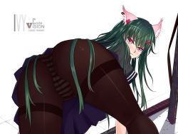 Rule 34 | 1girl, all fours, animal ears, ass, blush, brown pantyhose, cat ears, ear piercing, from behind, green hair, hair ornament, hairclip, illusionk, long hair, looking at viewer, looking back, miniskirt, original, panties, panties under pantyhose, pantyhose, piercing, pink eyes, school uniform, skirt, solo, striped clothes, striped panties, thighband pantyhose, underwear, very long hair