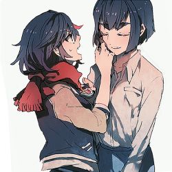 Rule 34 | 10s, 2girls, alternate hair length, alternate hairstyle, bad id, bad pixiv id, black hair, casual, closed eyes, eyebrows, hand on another&#039;s cheek, hand on another&#039;s face, hatutaro, kill la kill, kiryuuin satsuki, matoi ryuuko, multiple girls, scarf, short hair, siblings, sisters, spoilers, thick eyebrows