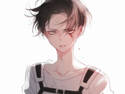 Rule 34 | 1boy, angry, black hair, blood, blood on face, bloody tears, collarbone, eyokiki, levi (shingeki no kyojin), looking at viewer, male focus, open mouth, parted bangs, shingeki no kyojin, short hair, simple background, white background