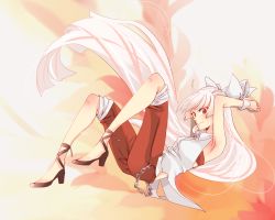 Rule 34 | 1girl, adapted costume, arms behind head, backless outfit, bad id, bad twitter id, breasts, chain, collared shirt, fujiwara no mokou, full body, high heels, highres, long hair, looking at viewer, pants, pants rolled up, red eyes, shirt, small breasts, solo, souta (karasu no ouchi), touhou, very long hair, white hair, wrist cuffs