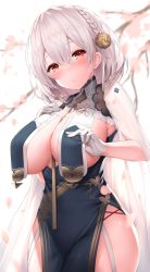 Rule 34 | 1girl, :/, azur lane, blurry, blurry background, blush, braid, branch, breast curtains, breasts, cherry blossoms, china dress, chinese clothes, cleavage, commentary request, covered navel, cowboy shot, dress, falling petals, flower, french braid, garter straps, gloves, grey dress, hair flower, hair intakes, hair ornament, half gloves, hand on own chest, head tilt, highres, large breasts, looking at viewer, neckwear between breasts, oyuwari, pelvic curtain, petals, red eyes, revealing clothes, see-through, see-through sleeves, short hair, side slit, sideboob, sidelocks, sirius (azur lane), sirius (azure horizons) (azur lane), solo, standing, two-tone leotard, white background, white gloves, white hair