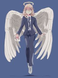 Rule 34 | 1boy, androgynous, angel devil, artist request, brown eyes, brown hair, chainsaw man, flying, formal, full body, halo, highres, shoes, sneakers, suit, wings