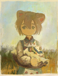 Rule 34 | 1girl, :/, absurdres, animal, animal ears, basket, blue dress, border, brown hair, cat, ciel (paradis47), closed mouth, collared dress, commentary, dated commentary, dress, expressionless, faux traditional media, floral print, grass, grey eyes, highres, holding, holding animal, holding basket, holding cat, impasto, long sleeves, looking at viewer, multicolored clothes, multicolored dress, neck ribbon, original, print dress, red ribbon, ribbon, rose print, short hair, solo, upper body, white border, white sleeves