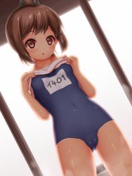 Rule 34 | 10s, 1girl, arisu kazumi, blush, breasts, brown eyes, brown hair, clothes lift, covered erect nipples, covered navel, highres, i-401 (kancolle), kantai collection, looking at viewer, name tag, navel, one-piece swimsuit, one-piece tan, ponytail, sailor collar, school swimsuit, school uniform, serafuku, shiny skin, shirt lift, short ponytail, small breasts, solo, steam, swimsuit, swimsuit under clothes, tan, tanline, water, wet