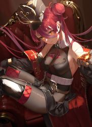 Rule 34 | 1girl, absurdres, armchair, bare shoulders, black jacket, black leotard, breasts, chair, cleavage, closed mouth, cup, hair between eyes, hair bun, hat, highres, holding, holding cup, hololive, houshou marine, houshou marine (marching band), jacket, knees up, large breasts, leotard, long hair, long sleeves, looking at viewer, off shoulder, official alternate costume, open clothes, open jacket, rasa k, red eyes, red hair, see-through, see-through cleavage, shako cap, single side bun, sitting, sitting sideways, smile, solo, virtual youtuber, yellow eyes