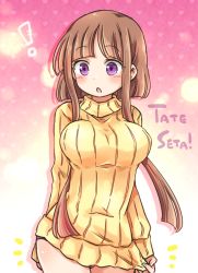 Rule 34 | !, 1girl, :o, alternate costume, arms behind back, blunt bangs, breasts, brown hair, commentary request, cowboy shot, gradient background, heart, heart background, large breasts, long sleeves, nishida satono, panties, pink background, pote (ptkan), purple eyes, purple panties, ribbed sweater, romaji text, short hair with long locks, sidelocks, solo, sweater, touhou, turtleneck, turtleneck sweater, underwear, yellow sweater