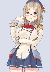Rule 34 | 1girl, blue eyes, breasts, brown hair, cosplay, cowboy shot, epaulettes, folded ponytail, frilled sleeves, frills, glasses, gloves, grey background, grey skirt, jacket, kantai collection, kashima (kancolle), kashima (kancolle) (cosplay), katori (kancolle), large breasts, long sleeves, military jacket, miniskirt, mitsuyo (mituyo324), neckerchief, parted bangs, pleated skirt, red neckerchief, simple background, skirt, solo, standing, white gloves, white jacket