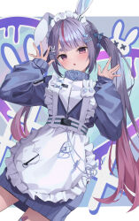 Rule 34 | 1girl, :o, animal ears, blue jacket, blush, earrings, grey hair, hair ornament, hairclip, heart, heart-shaped ornament, highres, jacket, jersey maid, jewelry, long hair, long sleeves, looking at viewer, maid, multicolored hair, pink hair, purple eyes, rabbit, rabbit earrings, rabbit ears, rabbit hair ornament, short eyebrows, solo, streaked hair, tosaki mimi, tosaki mimi (4th costume), twintails, unconventional maid, virtual youtuber, vspo!, waist ribbon, x, yuiko 0421