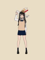 Rule 34 | 1girl, black footwear, black hair, black skirt, bow, bowtie, brown eyes, bubble tea, collared shirt, drinking straw, full body, hat, highres, kisaragi yuu (fallen sky), long sleeves, original, pleated skirt, shirt, shoes, signature, simple background, skirt, solo, standing, striped bow, striped bowtie, striped clothes, striped neckwear, sweater vest, tan background, transparent headwear, white shirt, witch hat