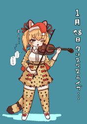 Rule 34 | absurdres, animal ears, belt, bow, bow (music), bowtie, brown eyes, brown hair, cat ears, cat girl, cat tail, enokeyaki, extra ears, hat, highres, holding, holding instrument, holding violin, instrument, kemono friends, kemono friends v project, large-spotted genet (kemono friends), long hair, one eye closed, ribbon, santa hat, shirt, shoes, skirt, tail, thighhighs, translation request, twintails, violin, virtual youtuber