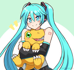 Rule 34 | 1boy, 1girl, :3, agumon, artist name, artist request, bare shoulders, blush, carrying, claws, costume, crossover, digimon, digimon (creature), fangs, green eyes, green hair, hatsune miku, highres, hug, long hair, necktie, open mouth, sharp teeth, shiny skin, simple background, smile, tail, teeth, twintails, very long hair, vocaloid