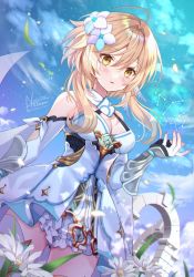 Rule 34 | 1girl, blonde hair, blush, breasts, cleavage, cloud, commentary, constellation, cowboy shot, dated, detached sleeves, dress, dutch angle, flower, genshin impact, hair flower, hair ornament, highres, lumine (genshin impact), nozomi fuuten, parted lips, petals, sidelocks, signature, sky, solo, thighhighs, twitter username, white dress, white thighhighs, yellow eyes