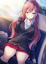 Rule 34 | 1girl, akashio (loli ace), bag, bench, black socks, blue eyes, blush, breasts, brown cardigan, cardigan, collarbone, collared shirt, commentary request, dress shirt, dutch angle, earbuds, earphones, fingernails, hair between eyes, hand up, highres, indoors, kneehighs, long hair, long sleeves, looking at viewer, medium breasts, on bench, original, parted lips, pleated skirt, red hair, red skirt, shirt, sitting, skirt, sleeves past wrists, socks, solo, twintails, very long hair, white shirt