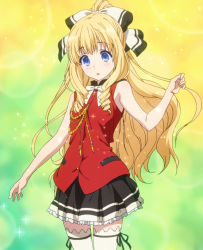 Rule 34 | 1girl, aiguillette, alternate hairstyle, amagi brilliant park, blonde hair, blue eyes, blush, bow, cosplay, costume, cowboy shot, gradient background, hair ribbon, highres, latifa fleuranza, lens flare, long hair, multicolored background, one side up, open mouth, pleated skirt, ribbon, screencap, sento isuzu, sento isuzu (cosplay), shirt, skirt, sleeveless, sleeveless shirt, solo, sparkle, thighhighs, very long hair, white bow, white thighhighs, zettai ryouiki