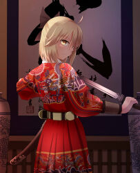 Rule 34 | 1girl, alternate costume, arm guards, belt, black ribbon, blonde hair, calligraphy scroll, chinese clothes, chinese empire, embroidered, fate/grand order, fate (series), from behind, hair ribbon, hanfu, hanging scroll, highres, holding, holding sword, holding weapon, looking at viewer, looking back, ming dynasty, okita souji (fate), ribbon, scroll, sheath, solo, standing, sword, weapon, yellow eyes, zhengz