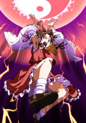 Rule 34 | 1girl, armpits, arms up, ascot, bow, brown eyes, brown footwear, brown hair, chest sarashi, commentary, convenient leg, detached sleeves, electricity, energy, foreshortening, frilled bow, frilled hair tubes, frilled skirt, frills, from below, full body, glowing, hair bow, hair tubes, hair up, hakurei reimu, half updo, highres, inuno rakugaki, looking at viewer, open mouth, orb, red bow, red ribbon, red shirt, red skirt, red vest, ribbon, ribbon-trimmed sleeves, ribbon trim, sarashi, shirt, short hair, skirt, skirt set, sleeveless, sleeveless shirt, socks, solo, touhou, upskirt, vest, white socks, wide sleeves, yellow ascot, yin yang, yin yang orb