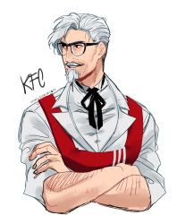Rule 34 | 1boy, absurdres, animification, arm hair, artist name, black-framed eyewear, black eyes, colonel sanders, copyright name, crossed arms, facial hair, glasses, goatee, grin, highres, kfc, looking to the side, male focus, mustache, ozumii, shirt, short hair, smile, upper body, white background, white hair, white shirt