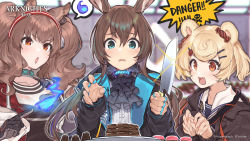 Rule 34 | 3girls, absurdres, amiya (arknights), angelina (arknights), animal ears, arknights, ascot, bear ears, blonde hair, blue eyes, blue fire, blurry, brown hair, chocolate, choker, commentary, copyright name, english commentary, fire, food-themed hair ornament, fox ears, gloves, gummy (arknights), hair ornament, hairband, hairclip, highres, holding, holding knife, jacket, jewelry, knife, long hair, looking at viewer, material growth, multiple girls, multiple rings, official art, open clothes, open jacket, open mouth, oripathy lesion (arknights), rabbit ears, red eyes, ring, skull and crossbones, speech bubble, teshima nari, twintails, valentine, watermark, wavy mouth