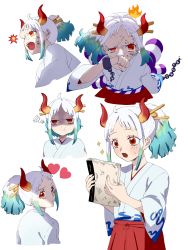 Rule 34 | 1girl, :t, absurdres, ahoge, aqua hair, awaji masaru, chain, child, closed mouth, cuffs, curled horns, expressions, green hair, hair ornament, hair stick, hakama, heart, high ponytail, highres, holding, horns, injury, japanese clothes, kimono, long hair, long sleeves, looking at object, looking at viewer, multicolored hair, multicolored horns, multiple views, one piece, oni, open mouth, pout, red eyes, red horns, rope, scratches, shackles, shaded face, shimenawa, squiggle, surprised, sweat, tearing up, white hair, wide sleeves, yamato (one piece), yellow horns, aged down