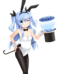 Rule 34 | 1girl, animal ears, black bow, black bowtie, blue eyes, blue hair, blush, bow, bowtie, breasts, cane, detached collar, fake animal ears, fishnet pantyhose, fishnets, goribote, hand on own hip, hat, holding, holding cane, leaning forward, long hair, looking at viewer, magician, noel (sora no method), pantyhose, rabbit ears, rabbit tail, short twintails, simple background, small breasts, smile, solo, sora no method, standing, tail, teeth, top hat, twintails, white background, wrist cuffs