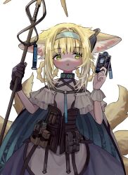 Rule 34 | 1girl, :o, animal ears, arknights, black corset, black gloves, blonde hair, blue cape, blue hairband, blush, braided hair rings, cape, card, chinese commentary, commentary request, corset, cowboy shot, dress, earpiece, ears down, fox ears, fox girl, gloves, green eyes, hairband, halterneck, hands up, highres, holding, holding card, holding staff, id card, infection monitor (arknights), kitsune, looking at viewer, multicolored cape, multicolored clothes, multicolored dress, multiple tails, neko yeye, open mouth, purple dress, simple background, single glove, solo, staff, straight-on, suzuran (arknights), tail, white background, white cape, white dress