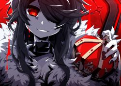 Rule 34 | 1girl, aosaki yato, backlighting, belt collar, black nails, blood, blood drip, coat, collar, commentary, crown, fur-trimmed coat, fur trim, grin, highres, holding, holding crown, king (vocaloid), limited palette, nail polish, original, red background, red eyes, slit pupils, smile, solo, throne, upper body, vocaloid