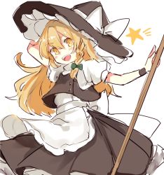 Rule 34 | 1girl, :d, apron, arm up, back bow, black hat, black skirt, black vest, blonde hair, blush, bow, braid, broom, buttons, cowboy shot, frilled skirt, frills, green bow, hair between eyes, hair bow, hat, hat bow, holding, holding broom, kirisame marisa, long hair, looking at viewer, open mouth, paragasu (parags112), puffy short sleeves, puffy sleeves, shirt, short sleeves, side braid, simple background, single braid, skirt, skirt set, smile, solo, teeth, touhou, turtleneck, upper teeth only, v-shaped eyebrows, vest, waist apron, white apron, white background, white bow, white shirt, witch hat, yellow eyes