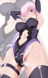 Rule 34 | 1girl, armpits, arms up, bad id, bad pixiv id, blush, breasts, clothing cutout, crotch, cum, cum on body, cum on lower body, elbow gloves, fate/grand order, fate (series), gloves, hair over one eye, heavy breathing, highleg, highleg leotard, highres, hip focus, large breasts, leotard, light purple hair, looking at viewer, mash kyrielight, navel, navel cutout, purple eyes, purple gloves, purple leotard, purple thighhighs, shanghongyecun, short hair, solo, steam, strapless, strapless leotard, thigh strap, thighhighs, thighs, white background