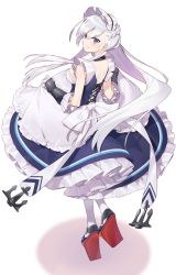 Rule 34 | 1girl, anchor, apron, azur lane, belfast (azur lane), blue dress, blush, braid, breasts, commentary request, dress, elbow gloves, frilled apron, frilled dress, frills, gloves, hair between eyes, hayashi kewi, long hair, looking at viewer, looking back, medium breasts, pantyhose, platform footwear, purple eyes, silver hair, sleeveless, sleeveless dress, solo, standing, standing on one leg, very long hair, white apron, white background, white gloves, white pantyhose