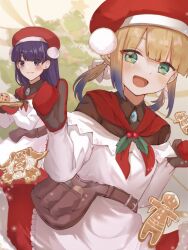 Rule 34 | apron, baker nemo (fate), baumkuchen, belt, christmas tree, cookie, cosplay, fate/grand order, fate (series), food, gradient hair, green eyes, hat, long hair, martha (fate), martha (santa) (fate), martha (santa) (fate) (cosplay), matching outfits, mittens, multicolored hair, nemo (fate), purple eyes, purple hair, romanjyuu, santa hat, smile, twintails