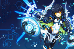 Rule 34 | 1girl, armor, blue theme, code maya, cosplay, costume switch, elsword, energy wings, eve (elsword), facial mark, highres, long hair, multicolored hair, navel, open mouth, poseich, solo, two-tone hair, wings, yellow eyes