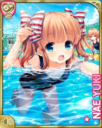 Rule 34 | 4girls, artist request, blue eyes, brown hair, character name, girlfriend (kari), long hair, multiple girls, official art, one-piece swimsuit, partially submerged, pool, ribbon, school swimsuit, solo focus, swimming, swimsuit, twintails, water, yuuki nae
