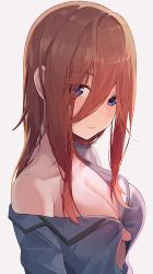 Rule 34 | 1girl, blue eyes, blue pajamas, breasts, brown hair, closed mouth, commentary request, eyes visible through hair, go-toubun no hanayome, hair between eyes, highres, hiroki (yyqw7151), large breasts, long hair, looking at viewer, nakano miku, no bra, pajamas, simple background, single bare shoulder, solo, underboob, upper body