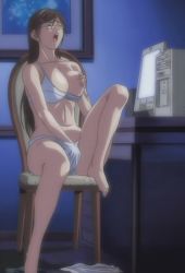Rule 34 | 00s, animated, animated gif, barefoot, bra, breasts, brown hair, closed eyes, computer, discipline: the record of a crusade, feet, female masturbation, fingering, glasses, groping, hand in panties, kaneda maiko, long hair, masturbation, nipples, one breast out, open mouth, panties, solo, underwear, voyeurism
